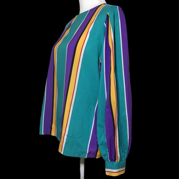 Vintage 90's Turquoise Rainbow Stripe Blouse - Picture 11 of 12